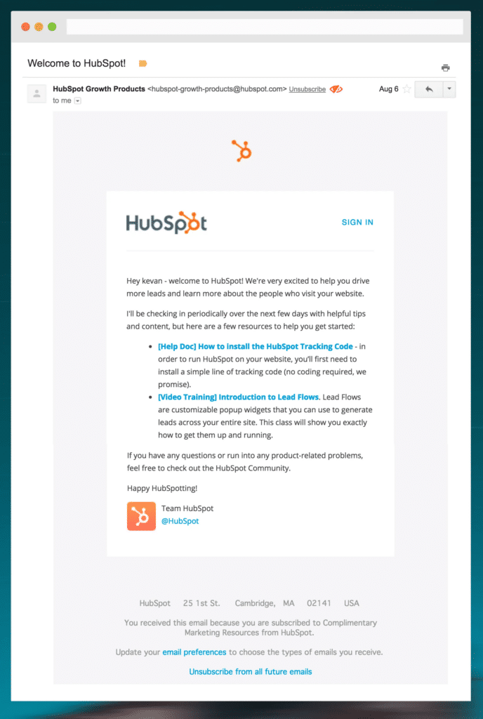 HubSpot's Onboarding Email