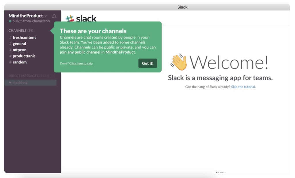 Slack uses tooltips to guide users through the product