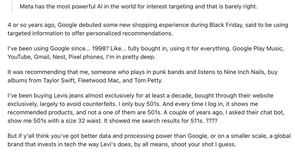 User’s take on Meta AI’s recommendations.