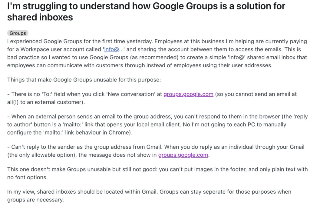 Reddit thread on the limitation of Google Groups