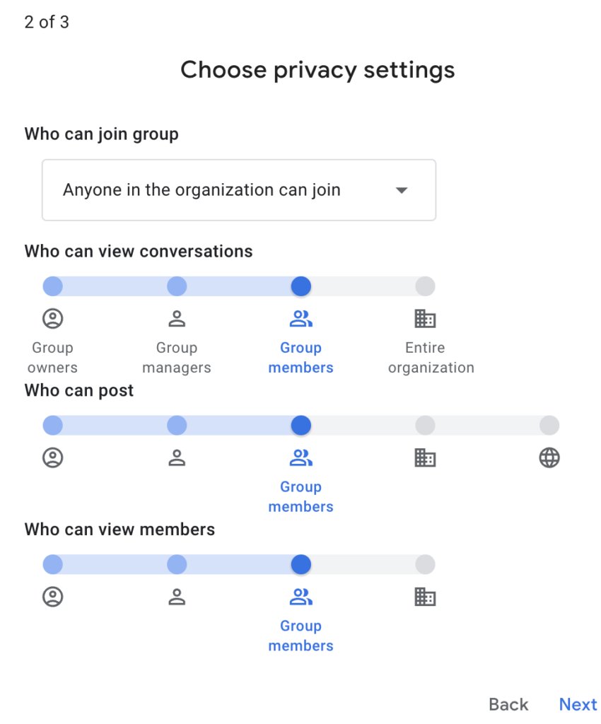 Set permissions, like who can view conversations, post, and view members