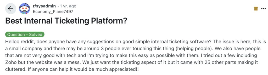 Reddit discussion on best internal ticketing platform