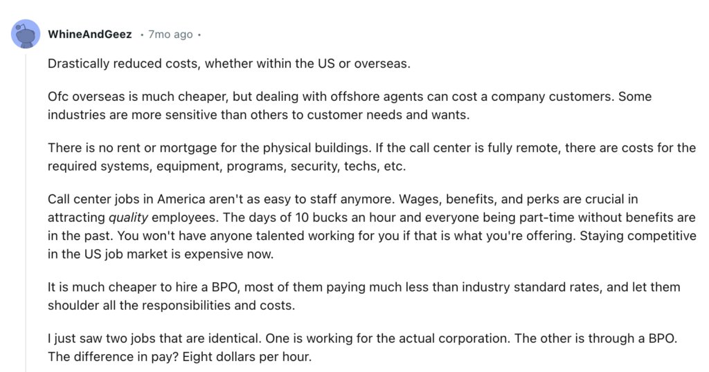 Reddit user mentioning how outsourcing customer support helps save costs