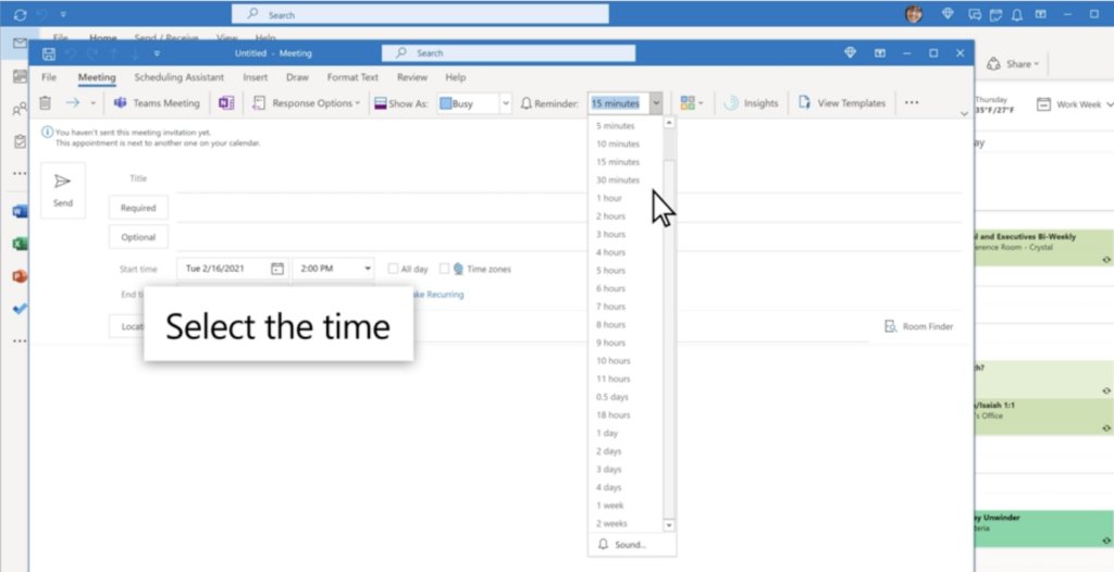 outlook time menu 