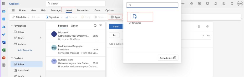 My templates option in outlook web