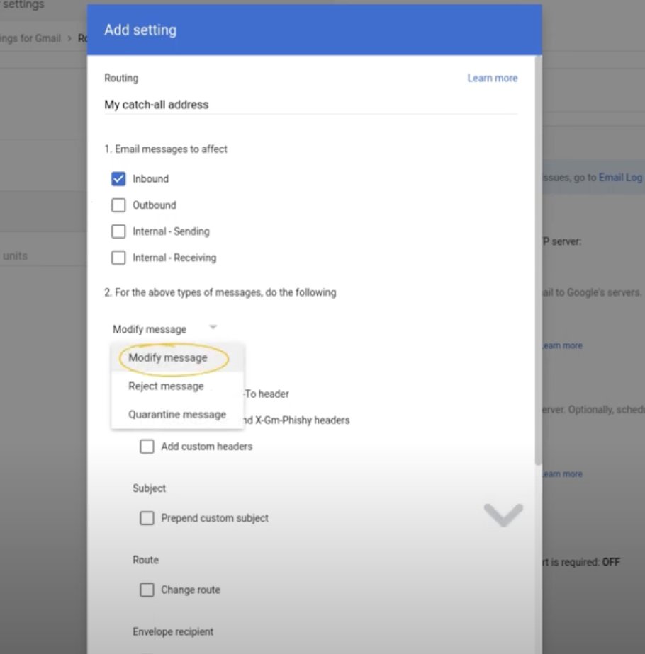 Modify message option to set up catchall email forwarding