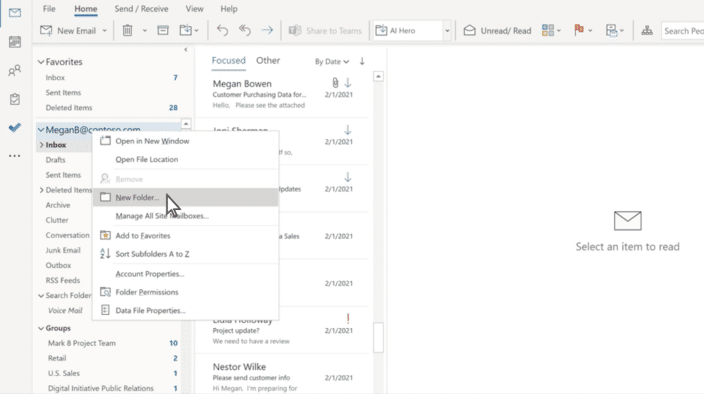 Organize your emails into folders in outlook