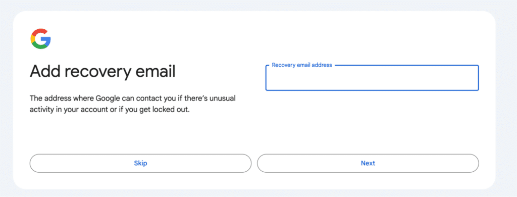 Adding a recovery mail address to create an account in Gmail