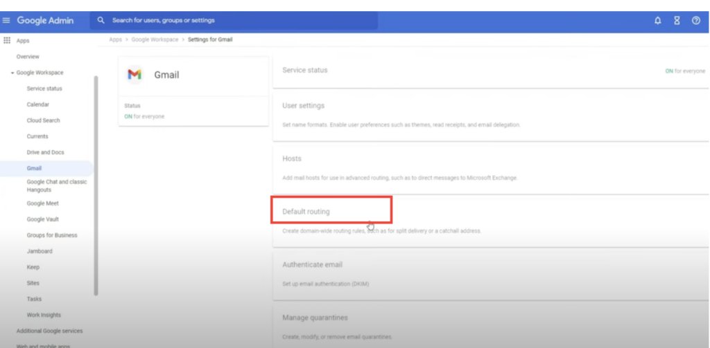 Default routing option in Google admin console