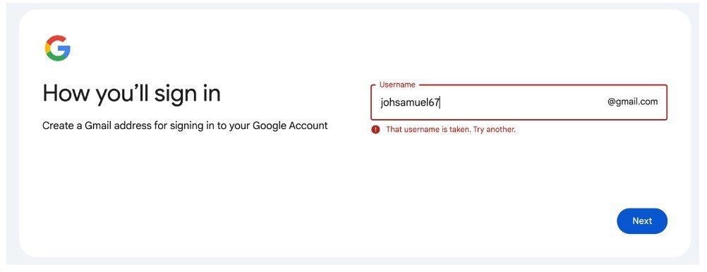 username already taken issue in Gmail