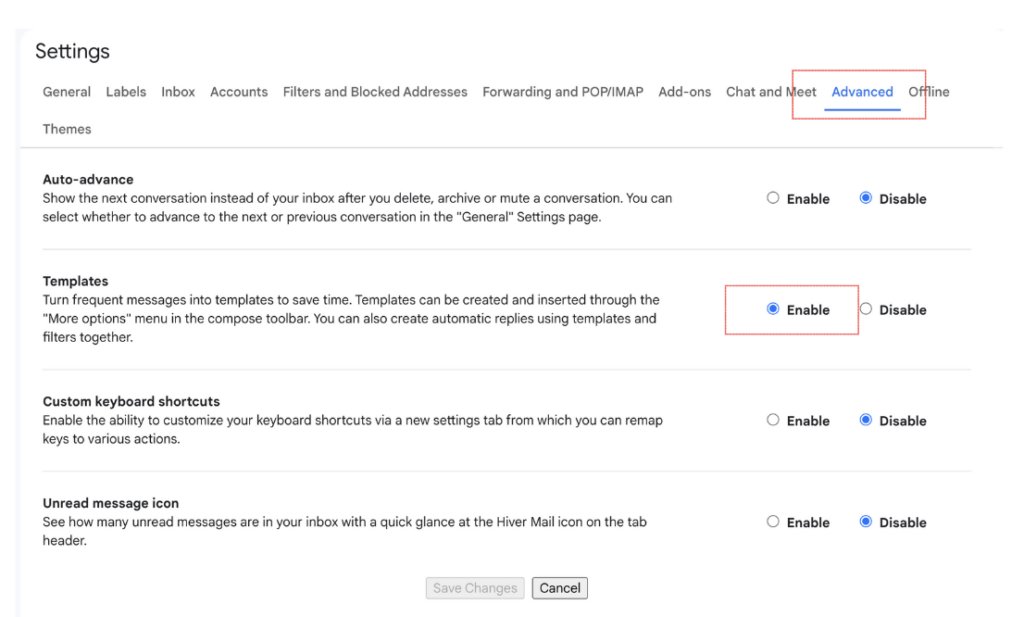 Enabling templates option from the settings