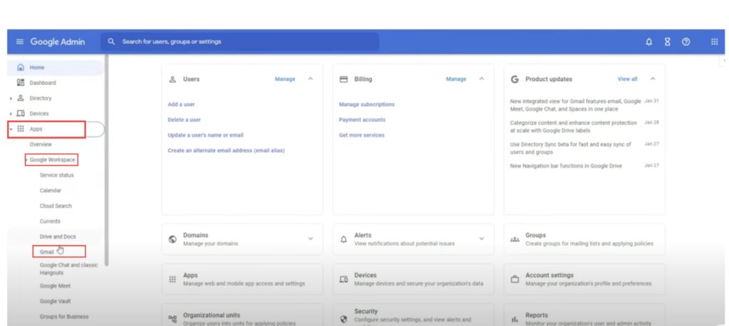 selecting Gmail from Google admin console