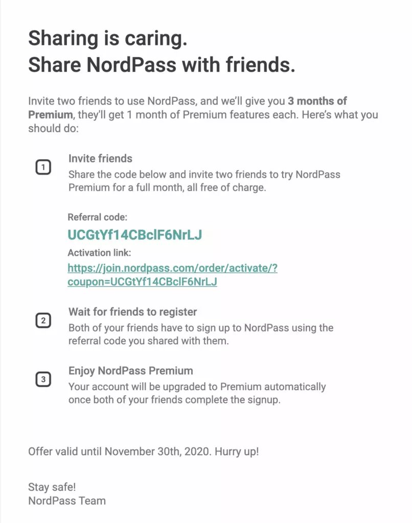 NordPass's customer referral email 