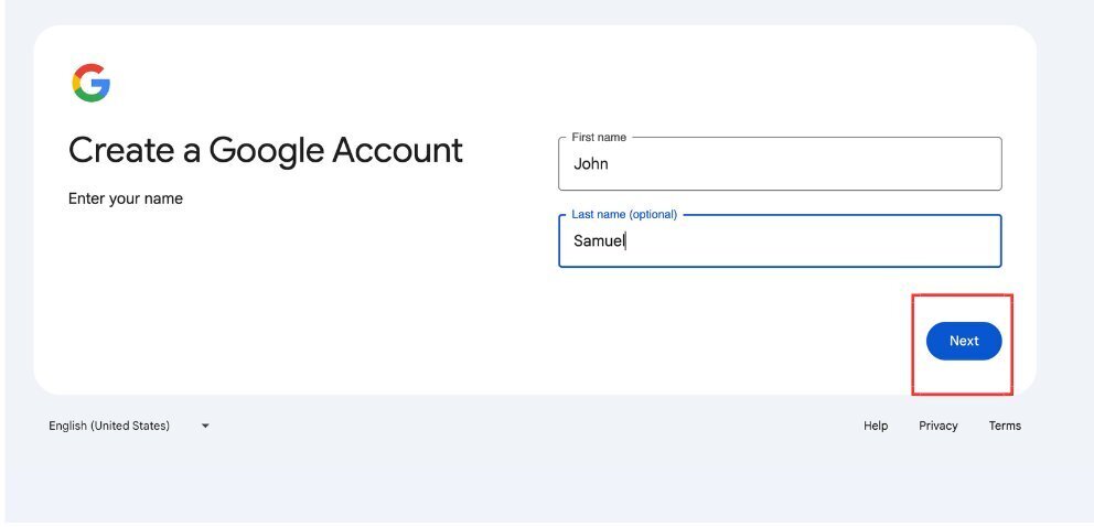 Entering first name and last name to create an account in Gmail