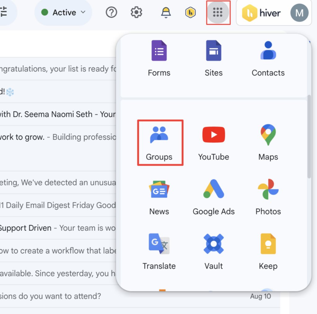 Selecting "Groups" app from Google apps