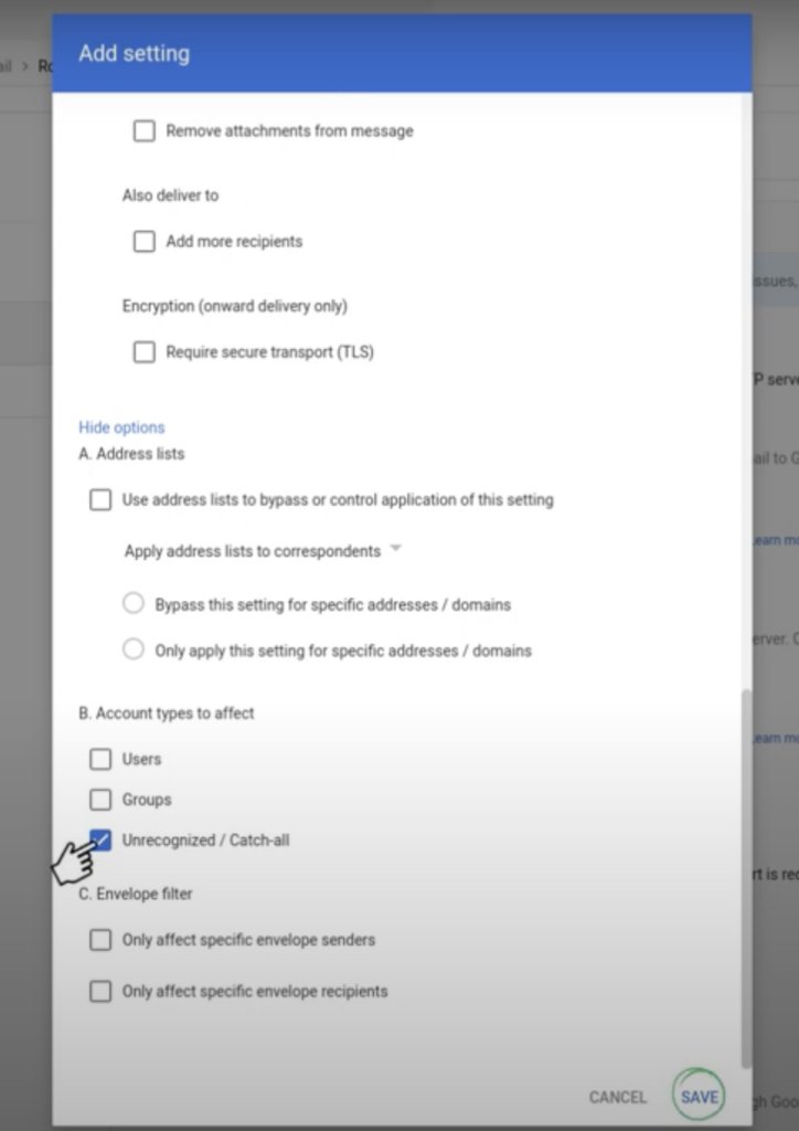 Unrecognized/catchall option to set up forwarding rule