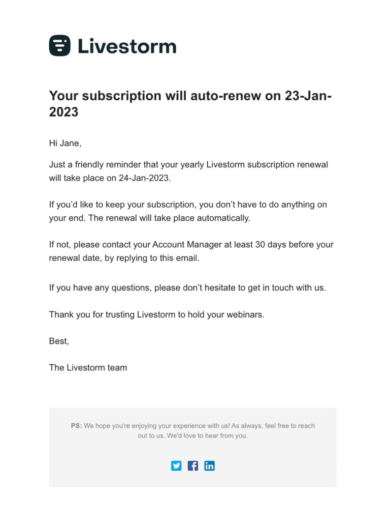 Example of subscription renewal customer success email