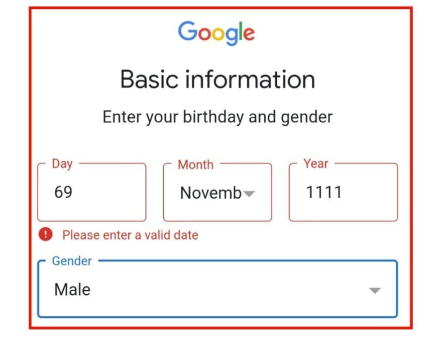 issue of invalid birthdate while creating a Gmail account