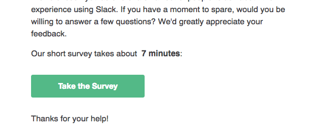 Slack's customer feedback request email