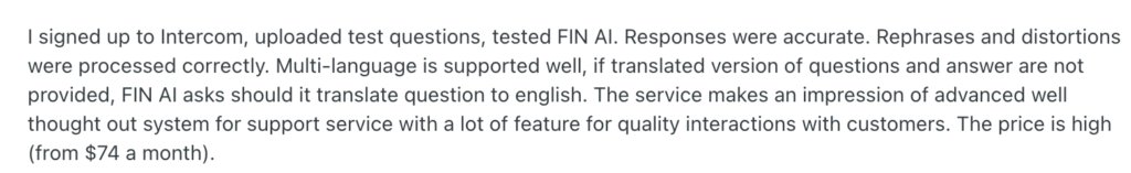 User review of Intercom’s Fin the AI agent on Reddit