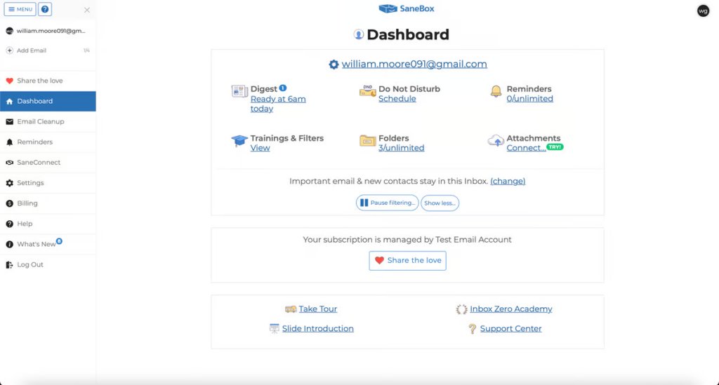 SaneBox dashboard