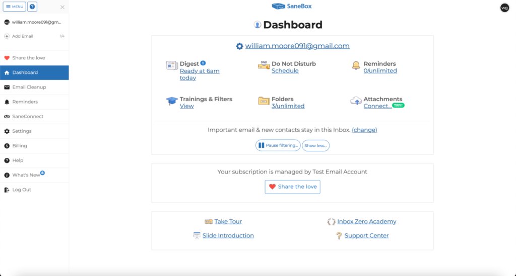 SaneBox dashboard