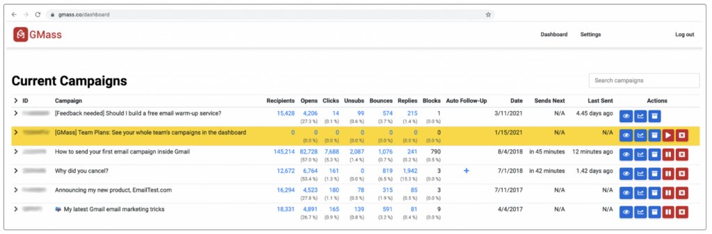 Tracking email open rates and CTRs through GMass