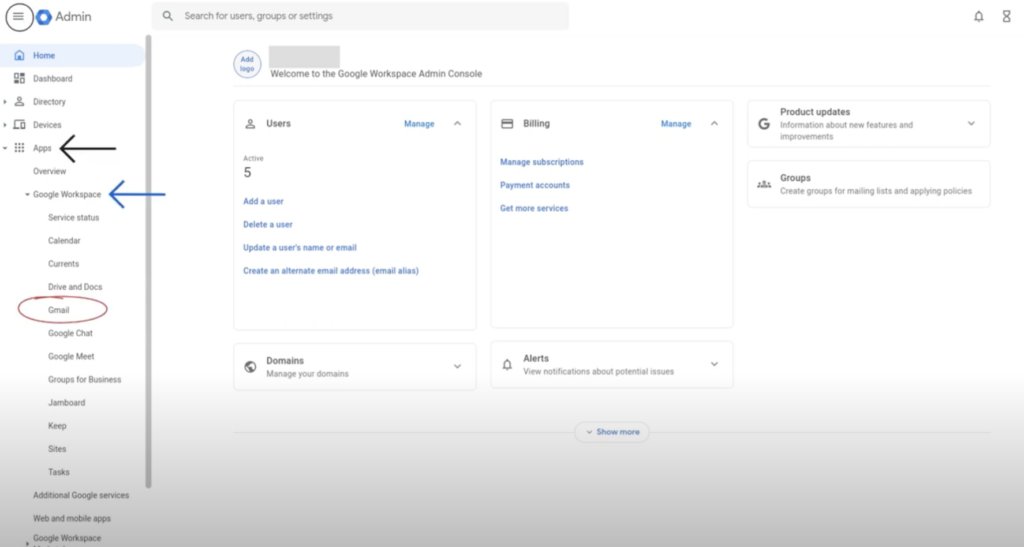 Navigating to Gmail from Google admin console