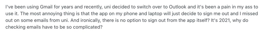 Gmail vs. Outlook user review on Reddit