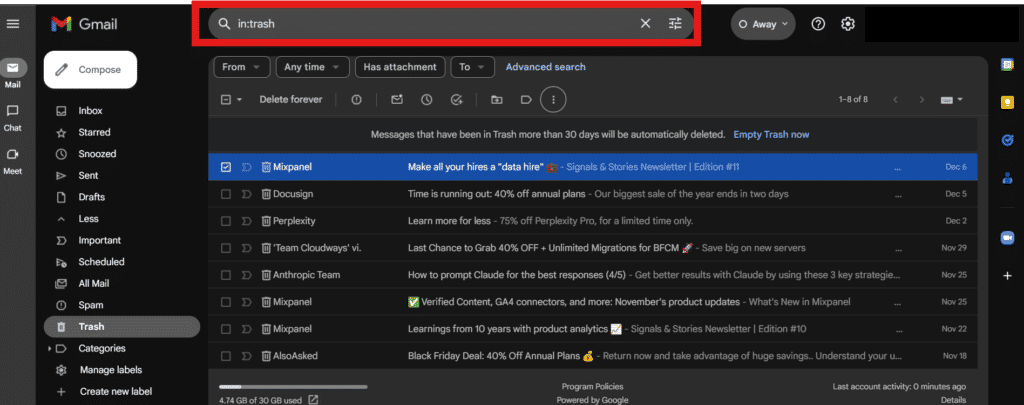 Look for the deleted mail using the search bar