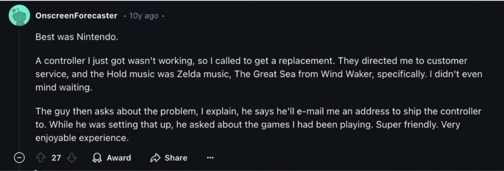 Nintendo’s customer support shines with friendly service and Zelda hold music.