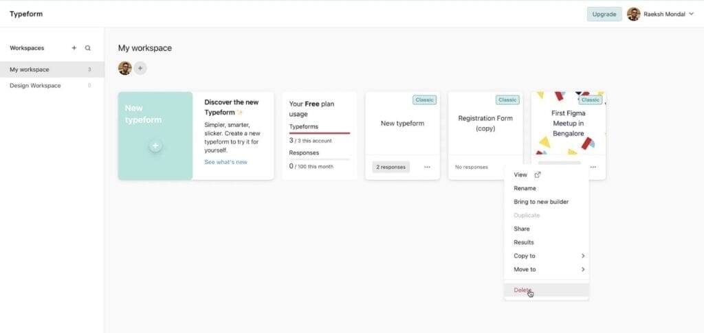 Typeform workspace dashboard