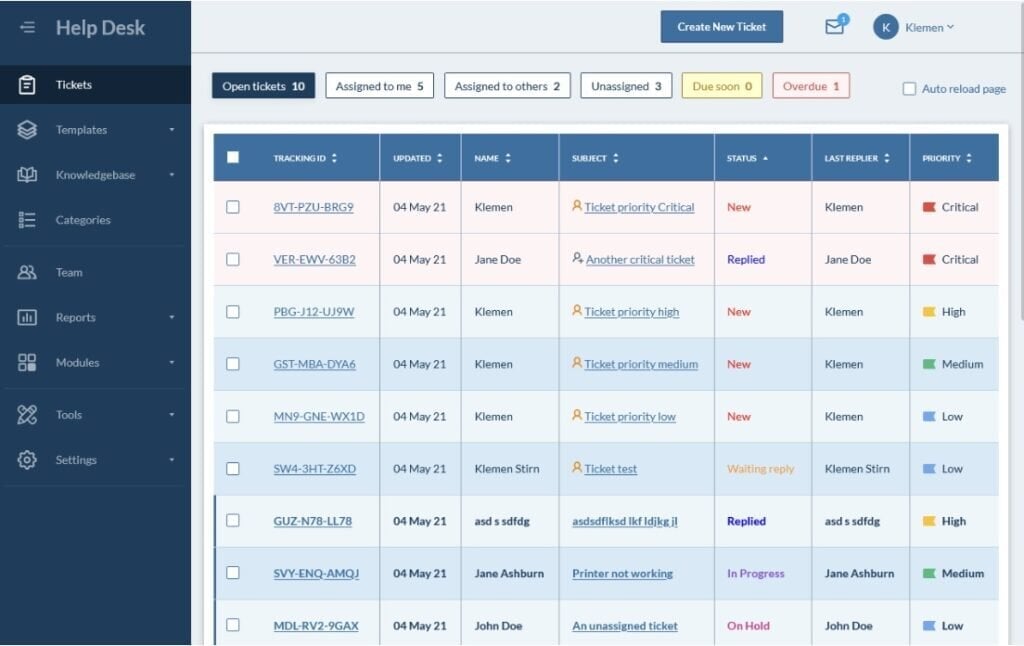 Hesk's tickets dashboard