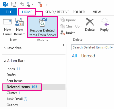 Recover Deleted Items from the Server button on Outlook.