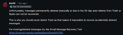 Reddit user discussing the Gmail Message Recovery Tool