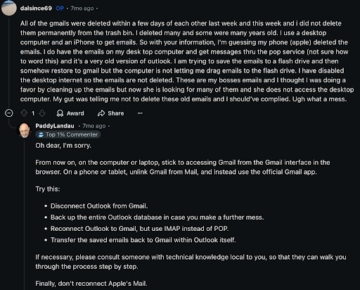 Reddit user suggests unlinking Gmail from Apple’s Mail
