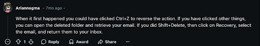 Reddit suggestion on reversing deleted email action on Outlook