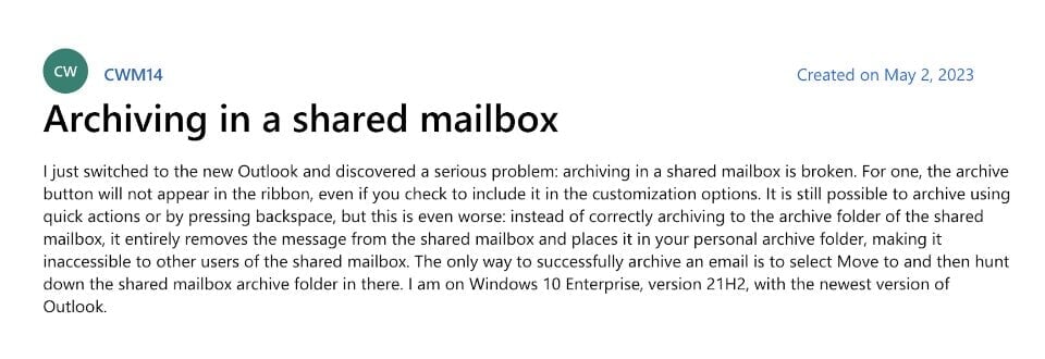 Archiving issues in Outlook shared mailbox 