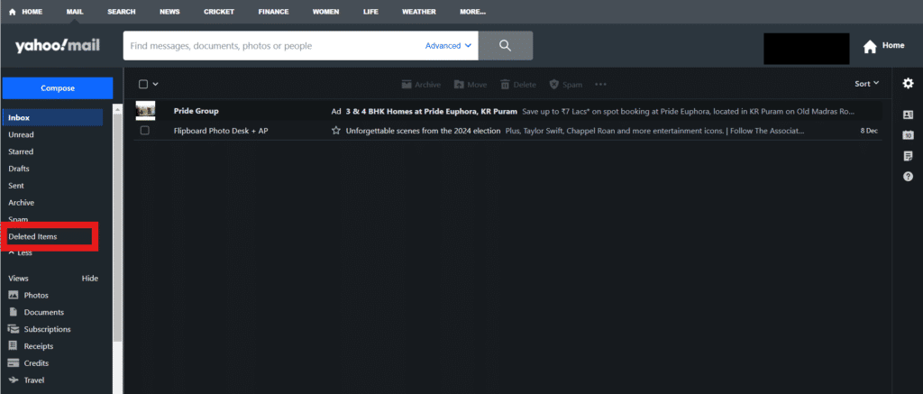 Deleted Items folder in Yahoo Mail