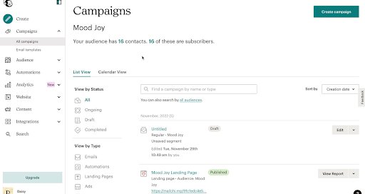 Mailchimp campaign dashboard