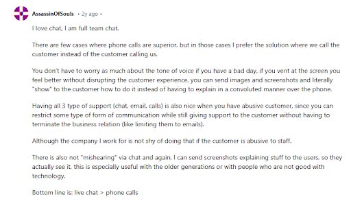 Reddit comment discussing preferences for live chat over phone calls