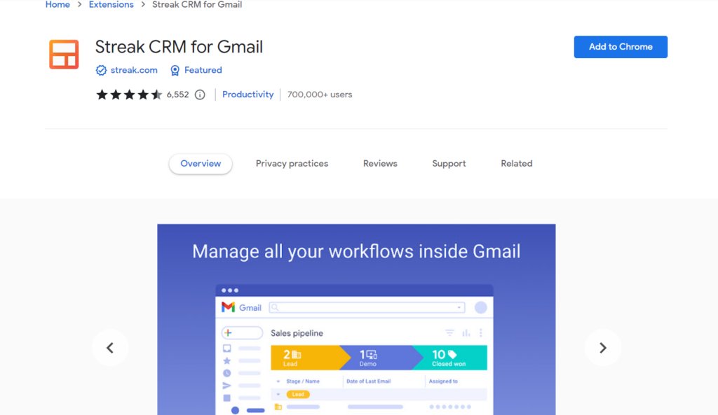 Screengrab of Streak CRM's Chrome Web Store 