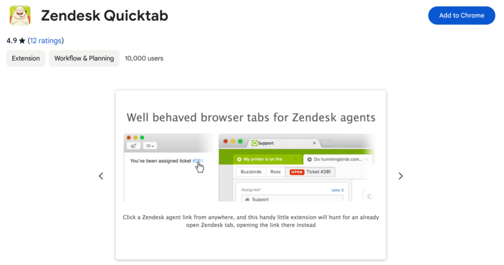 Screengrab of Zendesk Quicktab Chrome Web Store 