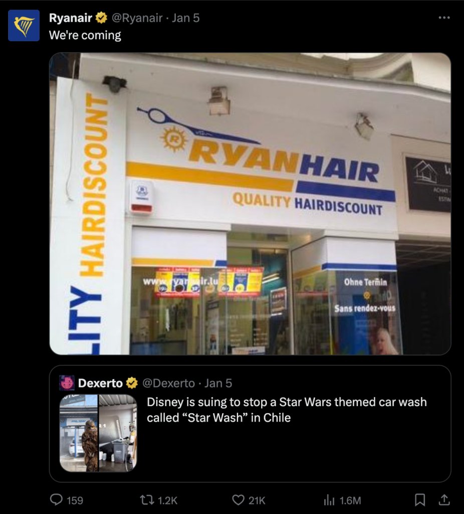 Ryanair engages its customers brilliantly with humor on Twitter.