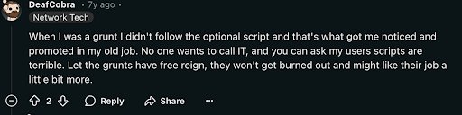 IT professional shares that skipping optional scripts led to recognition and reduced burnout