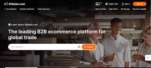 Alibaba homepage showcasing its B2B global trade platform.