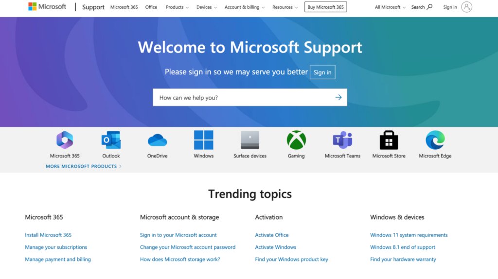 Microsoft's Support page
