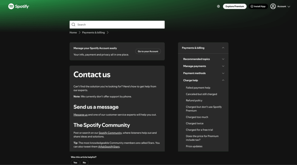 Spotify’s support page 