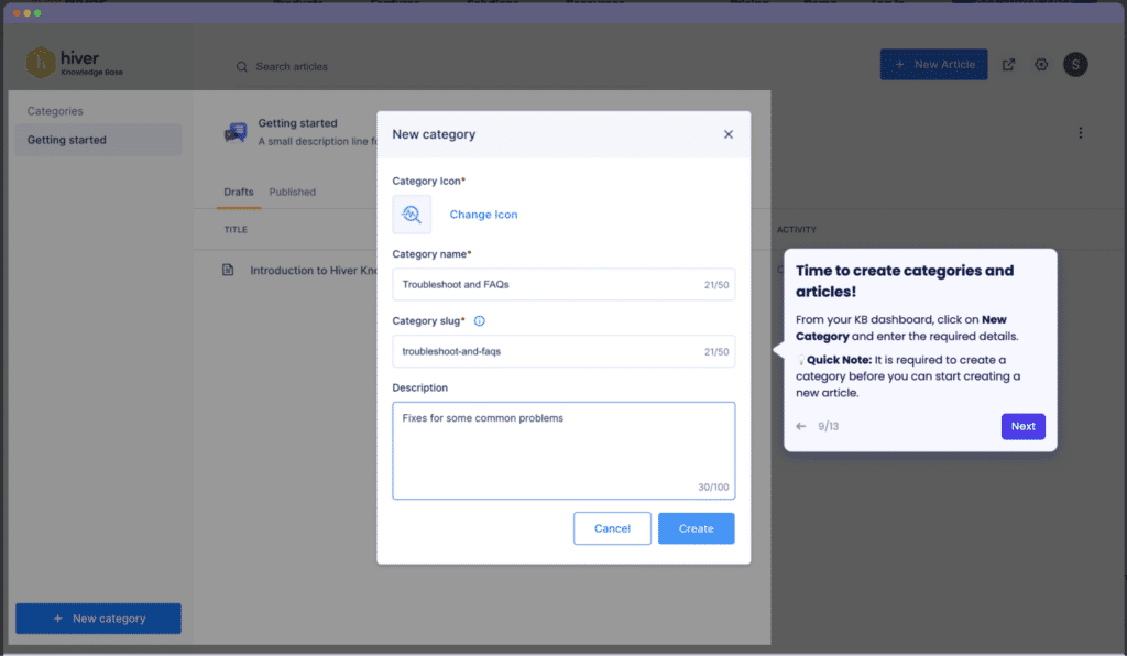 Organize articles in relevant categories using Hiver’s knowledge base feature
