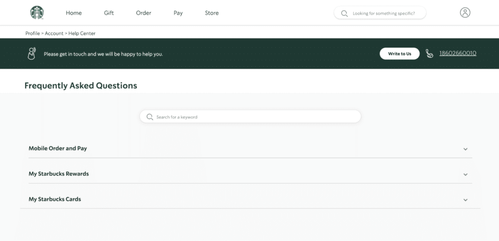 Starbucks FAQ page
